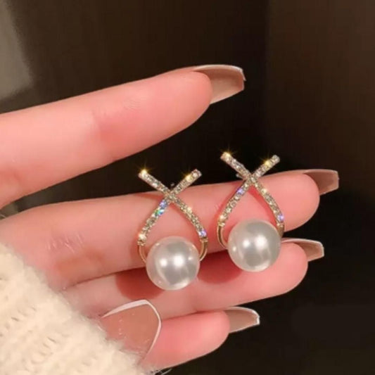 Korean Studded Cross Pearl Earrings